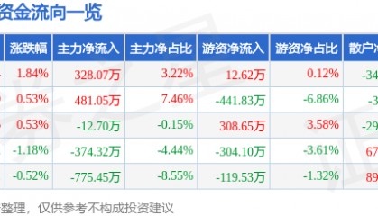 股票行情快报:新北洋(002376)10月9日主力资金净买入328.07万元