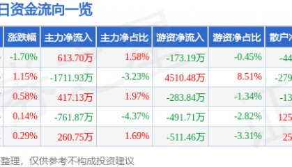 股票行情快报:深圳能源(000027)8月27日主力资金净买入613.70万元