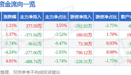 股票行情快报：泉阳泉（600189）6月29日主力资金净买入377.59万元