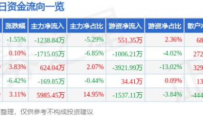 股票行情快报:鄂尔多斯(600295)7月31日主力资金净卖出1238.84万元