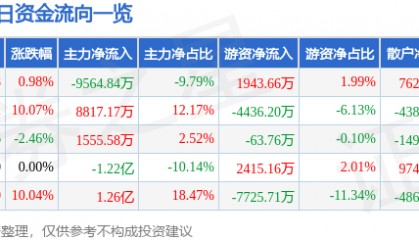 股票行情快报:飞乐音响(600651)8月5日主力资金净卖出9564.84万元