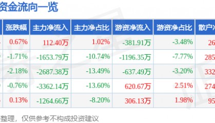 股票行情快报:新北洋(002376)8月1日主力资金净买入112.40万元
