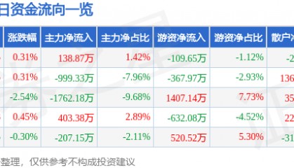 股票行情快报：深圳能源（000027）8月4日主力资金净买入138.87万元