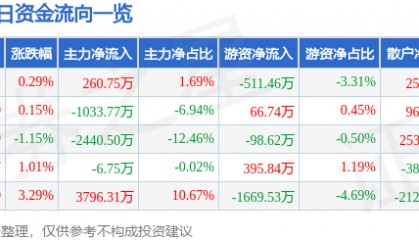 股票行情快报：深圳能源（000027）8月21日主力资金净买入260.75万元