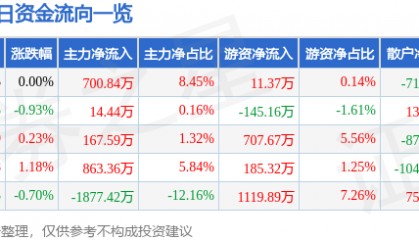 股票行情快报:飞乐音响(600651)6月11日主力资金净买入700.84万元