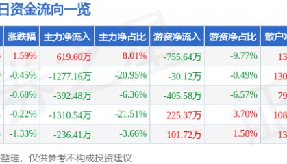 股票行情快报:飞乐音响(600651)7月11日主力资金净买入619.60万元