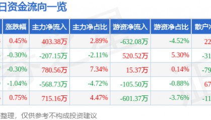 股票行情快报:深圳能源(000027)7月30日主力资金净买入403.38万元