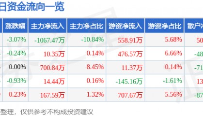 股票行情快报:飞乐音响(600651)6月13日主力资金净卖出1067.47万元