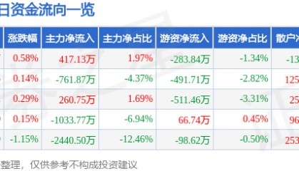 股票行情快报:深圳能源(000027)8月25日主力资金净买入417.13万元
