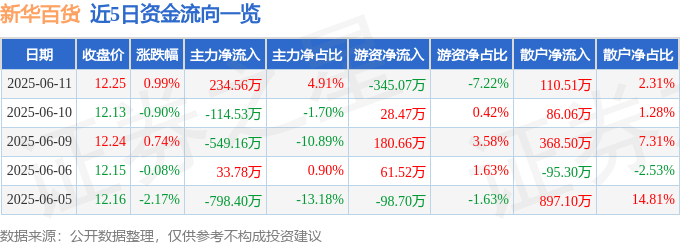 股票行情快报：新华百货（600785）6月11日主力资金净买入234.56万元