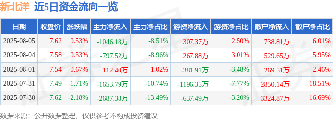 股票行情快报:新北洋(002376)8月5日主力资金净卖出1046.18万元