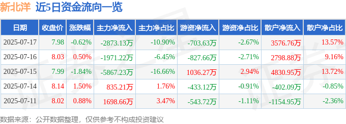 股票行情快报:新北洋(002376)7月17日主力资金净卖出2873.13万元