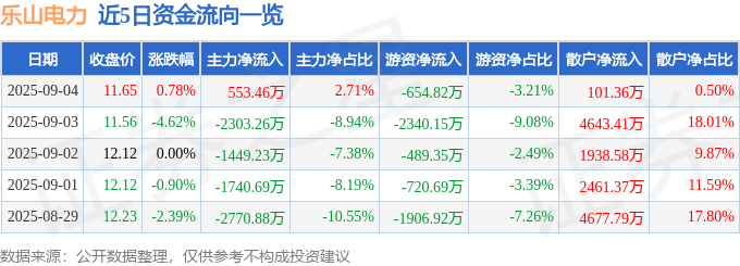 股票行情快报:乐山电力(600644)9月4日主力资金净买入553.46万元