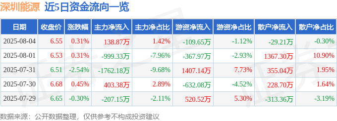 股票行情快报:深圳能源(000027)8月4日主力资金净买入138.87万元