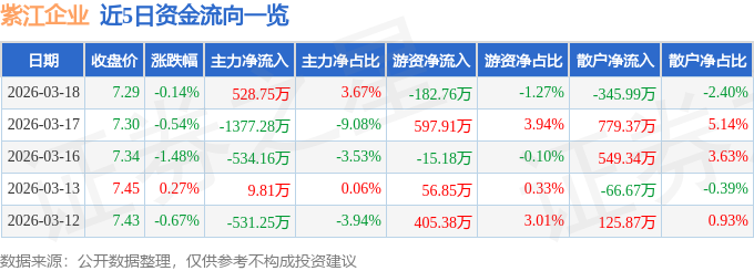 股票行情快报:紫江企业(600210)3月18日主力资金净买入528.75万元