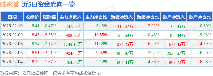 股票行情快报:陆家嘴(600663)2月10日主力资金净卖出247.37万元