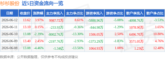 股票行情快报：杉杉股份（600884）6月12日主力资金净买入9987.72万元